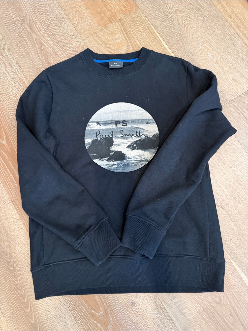 PS Paul Smith Black Crewneck Sweatshirt with Monochrome Ocean Graphic
